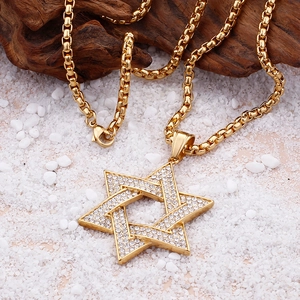 Hip hop style gold hexagram star pendant necklace with crystal rhinestones on box chain
