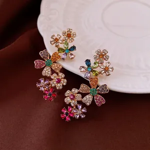 Luxurious 18k gold plated floral drop earrings with colorful sparkling crystals