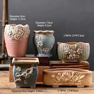 Set of 5 vintage gradient ceramic succulent pots with embossed floral patterns for home decor