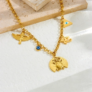 Gold stainless steel necklace with Egyptian scarab, Horus eye, and goddess pendants
