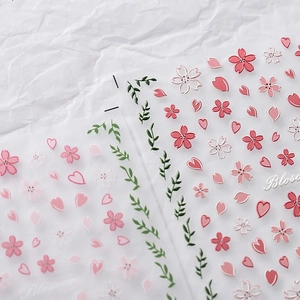 5D stereoscopic cherry blossom nail stickers with pink flower petals and green leaves