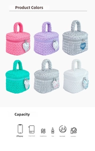 Detailed view of quilted makeup bags in multiple colors with heart-shaped pendants