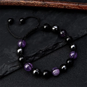 Triple protection bracelet with amethyst, hematite, and obsidian on adjustable black cord