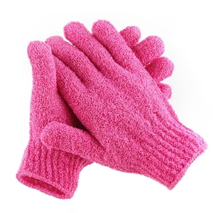 Pair of rose red exfoliating bath gloves with textured scrub surface and elastic cuffs