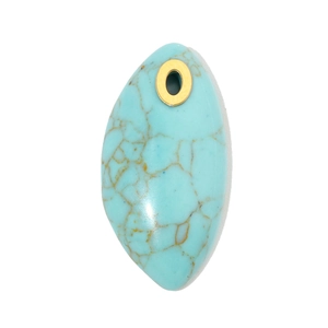Macro shot of turquoise stone pendant in leaf shape with gold metal eyelet on white background