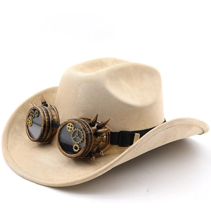 Detail of beige suede cowboy hat with steampunk goggles and metallic gear ornaments
