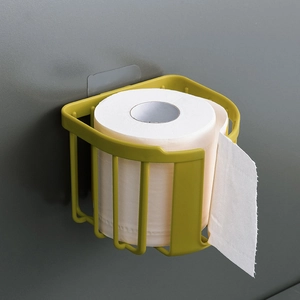 Wall-mounted olive green paper towel holder with drill-free shelf for bathroom storage