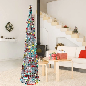 Detail of silver tinsel folding Christmas tree with colorful sequins in a home setting