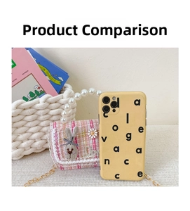 Mini girls crossbody bag size comparison with smartphone and faux pearl handle detail