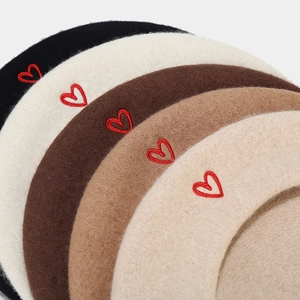 Vintage wool beret collection for women with red heart embroidery in multiple colors