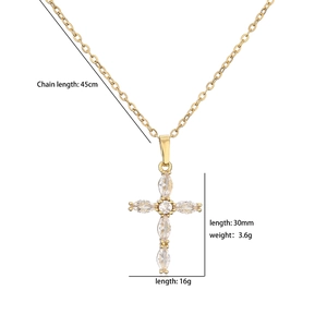 Detailed size map of gold cross pendant necklace showing dimensions 30mm by 16mm