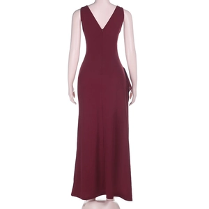 Detailed back view of a wine red sleeveless maxi dress with a deep V-neck design