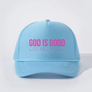 Light blue retro trucker hat with pink God Is Good slogan and breathable mesh back