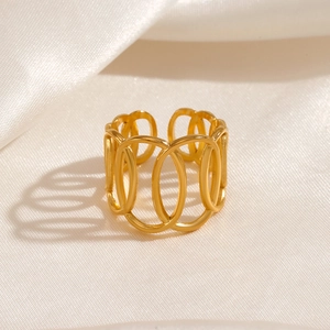 Stainless Steel Rings For Women Geometric Ellipse Interlocking Hollow Band Adjustable Polished Hip Hop Style Jewelry