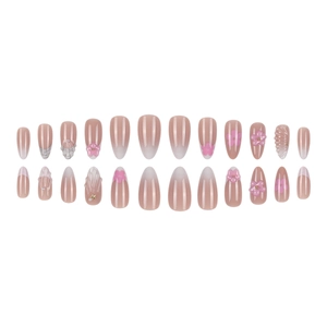 Glittering almond fake nails with 3D pink flowers and pearl accents on white background