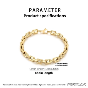 Detail of gold stainless steel chain bracelet showing 210x6.5mm size and lobster clasp