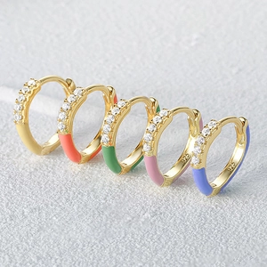 Single S925 sterling silver hoop earrings with colorful enamel and zircon accents