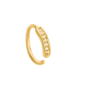 Close-up of gold-plated leaf hoop with sparkling zircon stones in a detailed macro view