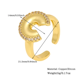 Detailed size specifications for the gold copper zircon geometric ring showing 14mm width