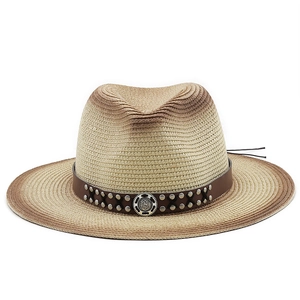 Detail of gradient woven straw fedora with vintage studded leather band and metal buckle