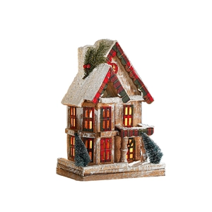 Maison de Noël lumineuse en bois avec lumières LED chaudes et décorations de neige