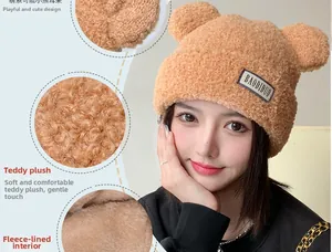 Detail of plush teddy fleece texture and thick lining on the winter bear ear hat