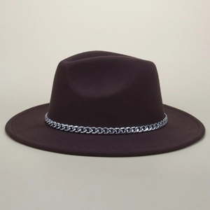 Detail shot of a dark brown wool fedora hat featuring a stylish silver metal chain band