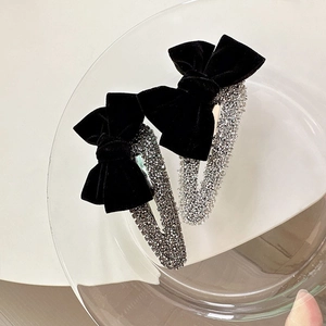 French style velvet bow hair clips with rhinestones for women, elegant black hairpins