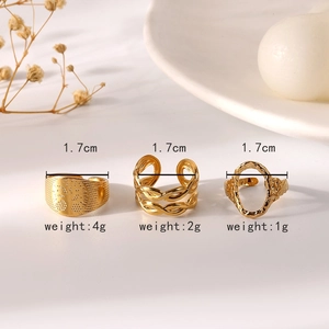 Three-piece elegant gold stainless steel adjustable open ring set with chain and tree designs