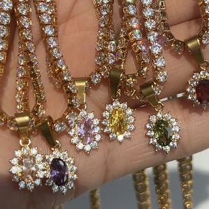 Colorful oval zircon flower pendant necklaces on gold tennis chain for women