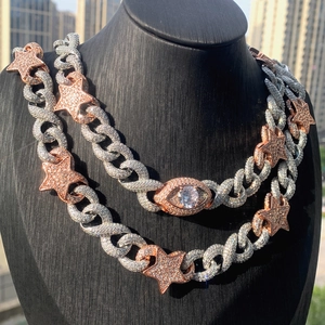 Hiphop cuban link necklace with silver stars and rose gold eye pendant with crystals