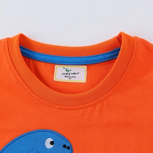 Boys orange cotton t-shirt with blue cartoon embroidery and rib neck detail