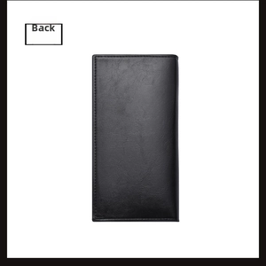 Back view of a classic black leather long wallet featuring premium natural grain texture