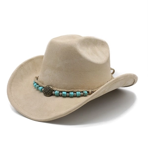 Detail of faux suede cowboy hat featuring turquoise beads and sun pattern metal buckle