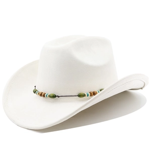 Close-up of a white cowboy hat featuring a colorful ethnic beaded band detail