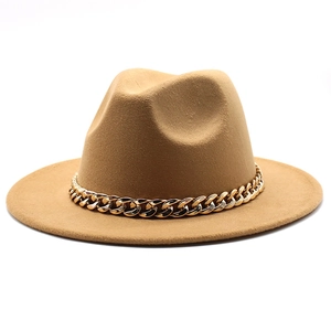 Detailed texture of camel wool fedora hat featuring a stylish gold metal chain accent