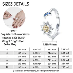 Size chart and technical details for star and moon ring with multi-color zircon