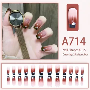 French gradient press-on nails A714 with white hearts in AL15 shape 24pcs set