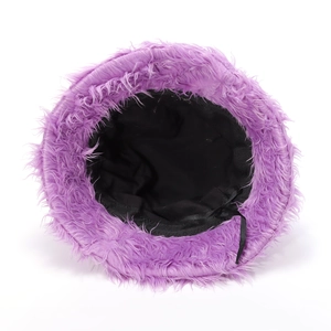 Plush purple bucket hat with warm faux fur exterior and adjustable black lining