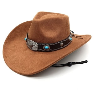 Western Cowboy Hat Suede Fabric Bull Head Buckle Turquoise Beaded Band Wide Brim Fedora For Outdoor Travel Sun Protection