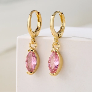 Elegant 18K gold plated huggie earrings with pink marquise zircon stones for women