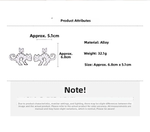 Technical sketch showing dimensions of 6.8cm cat earrings with 32.1g alloy weight