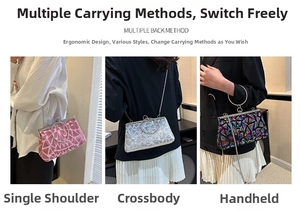 Detailed views of sequined clutch bag shown as a handbag, shoulder bag, and crossbody