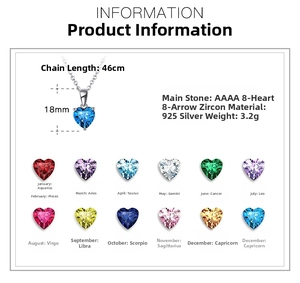Detail specifications of 925 sterling silver heart necklace with 18mm birthstone pendant