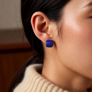 Vintage style square stud earrings with blue pave zircon in a minimalist design