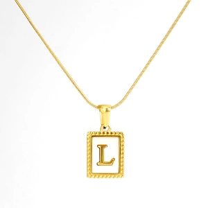 18K gold plated snake chain necklace featuring a square pendant with letter L engraving