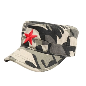Flat top camouflage army cap with red star embroidery and jungle camo pattern