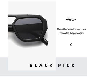 Detail of geometric cut lens edges on black double-bridge irregular fashion sunglasses