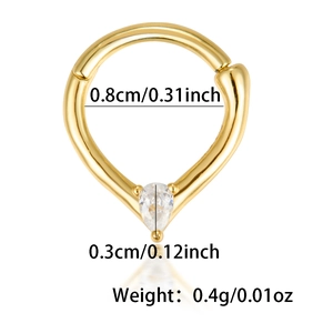 Vue détaillée du piercing nez doré avec zircon goutte et dimensions précises