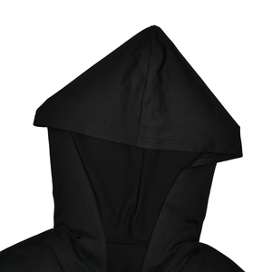 Detailed close-up of the hood and neckline on a plain black sports hoodie set
